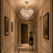 Candelabru Cristal VALMONT Nobile 6xE14, D40 cm, Auriu, Inaltime Reglabila, Metal si Cristal
