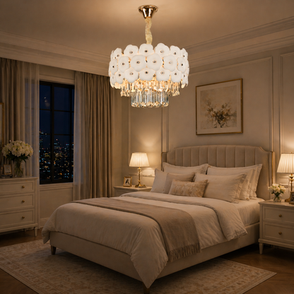 Candelabru Cristal PETAL Nobile 6xE14, D40 cm, Auriu, Inaltime Reglabila, Metal si Cristal