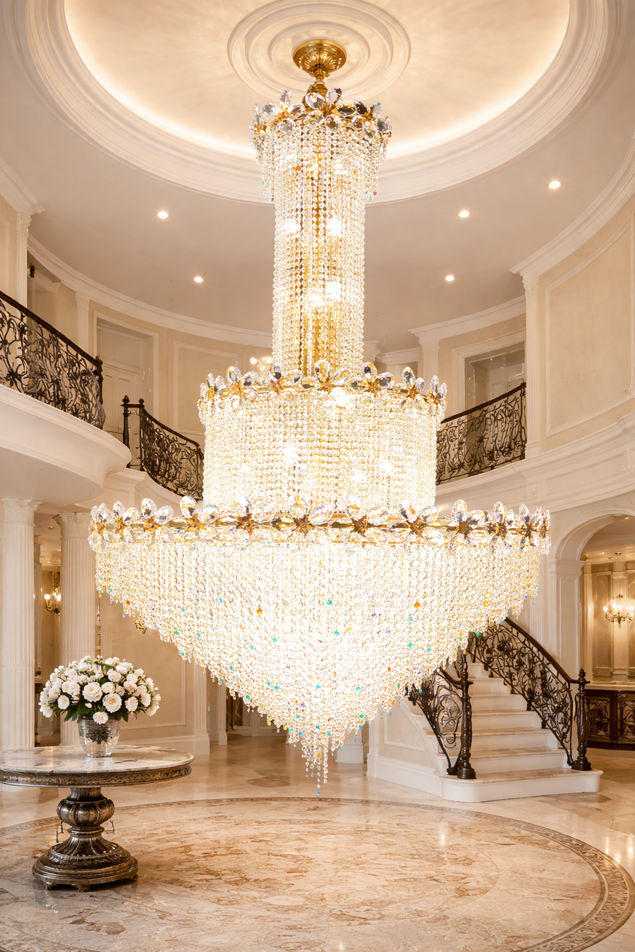 Candelabru Cristal BLOSSSOM Supremo LED 48xE14, Auriu, Diametru 150cm, Inaltime Reglabila