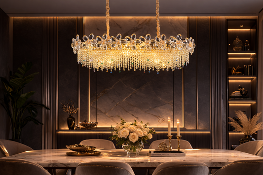 Candelabru Cristal 20xE14, BLOSSOM Imperio 100x40cm, Auriu Lucios, Inaltime Reglabila, Metal si Cristal
