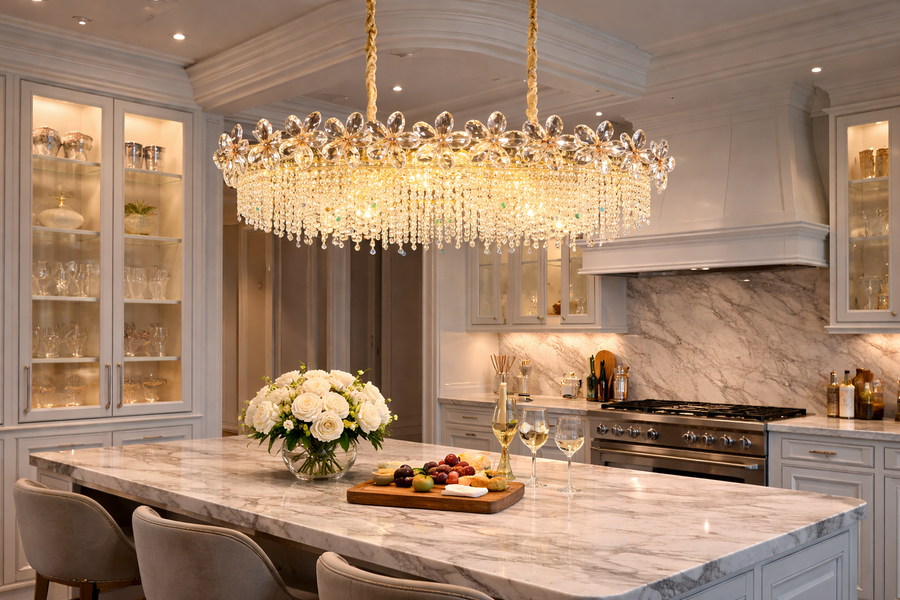 Candelabru Cristal 20xE14, BLOSSOM Imperio 100x40cm, Auriu Lucios, Inaltime Reglabila, Metal si Cristal