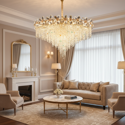 Candelabru Cristal BLOSSOM Regalis, 14xE14, 80cm, Auriu Lucios, Inaltime Reglabila, Metal si Cristal