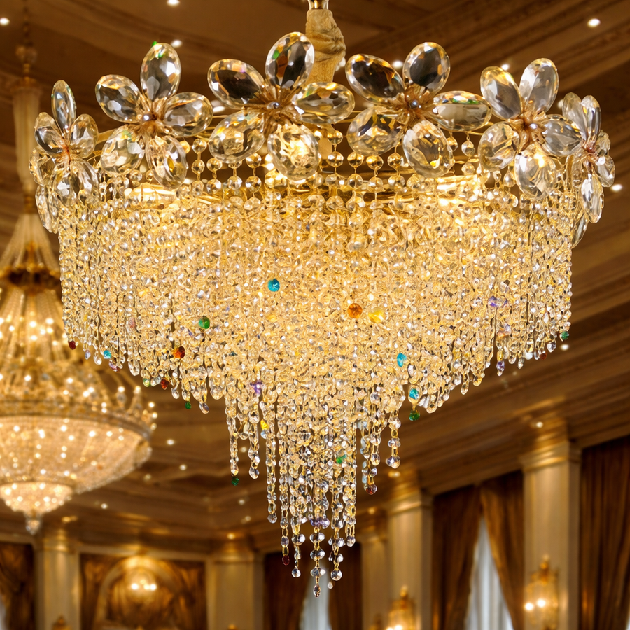 Candelabru Cristal BLOSSOM Magno,8xE14, 60cm, Auriu Lucios, Inaltime Reglabila, Metal si Cristal