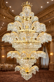 Candelabru Cristal PALACE Grande, 52 de brate, 96xG9, Diametru 150cm, Inaltime 230cm, Auriu Lucios, Inaltime Reglabila, Design Elegant