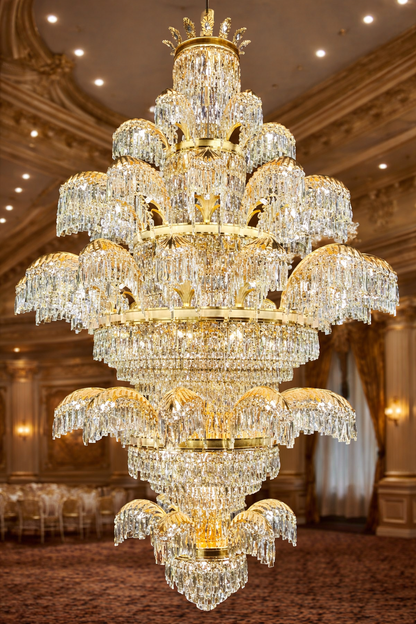 Candelabru Cristal PALACE Grande, 52 de brate, 96xG9, Diametru 150cm, Inaltime 230cm, Auriu Lucios, Inaltime Reglabila, Design Elegant