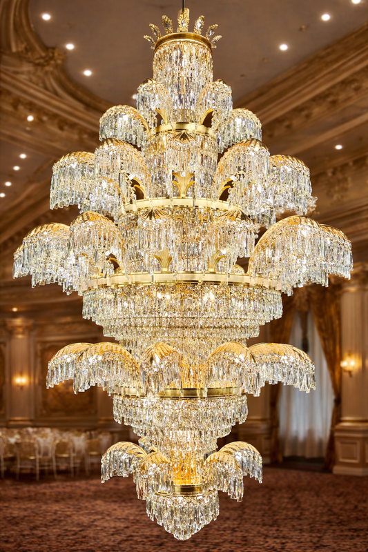 Candelabru Cristal PALACE Grande, 52 de brate, 96xG9, Diametru 150cm, Inaltime 230cm, Auriu Lucios, Inaltime Reglabila, Design Elegant