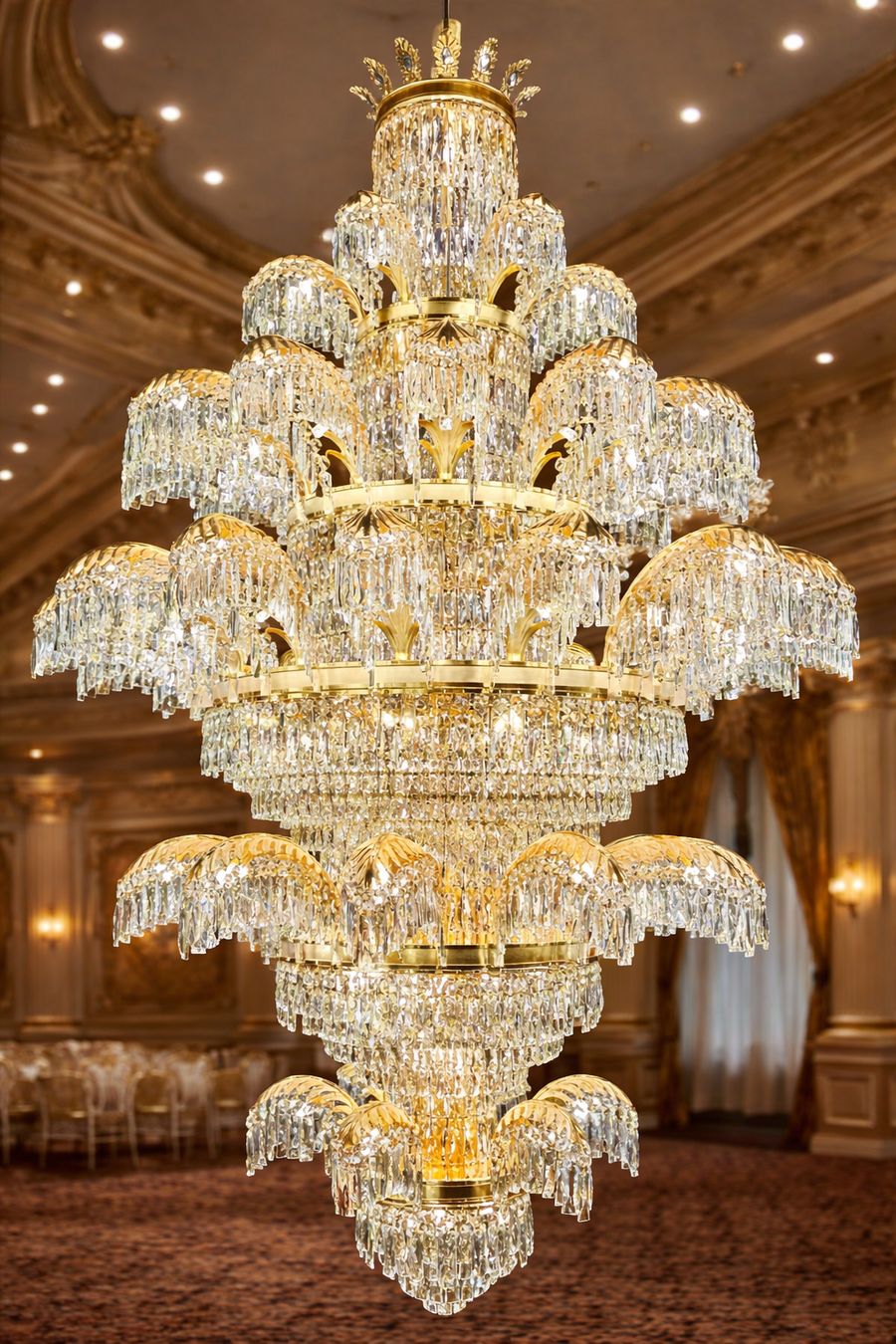 Candelabru Cristal PALACE Grande, 52 de brate, 96xG9, Diametru 150cm, Inaltime 230cm, Auriu Lucios, Inaltime Reglabila, Design Elegant