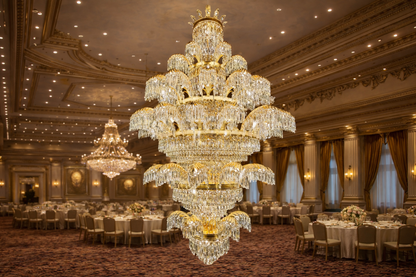 Candelabru Cristal PALACE Grande, 52 de brate, 96xG9, Diametru 150cm, Inaltime 230cm, Auriu Lucios, Inaltime Reglabila, Design Elegant