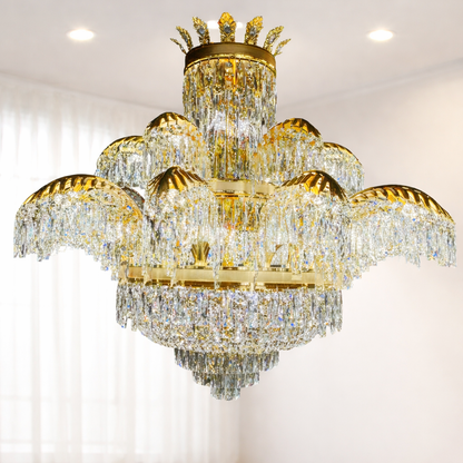 Candelabru Cristal PALACE Supremo 29xG9, D115cm, Auriu Lucios, Inaltime Reglabila, Metal si Cristal