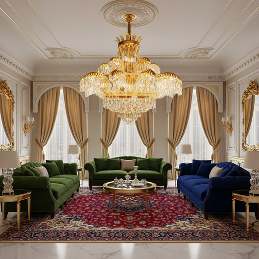 Candelabru Cristal PALACE Supremo 29xG9, D115cm, Auriu Lucios, Inaltime Reglabila, Metal si Cristal