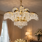 Candelabru Cristal PALACE Imperio, 15 brate, 22xG9, D98cm, Auriu Lucios, Inaltime Reglabila, Metal si Cristal