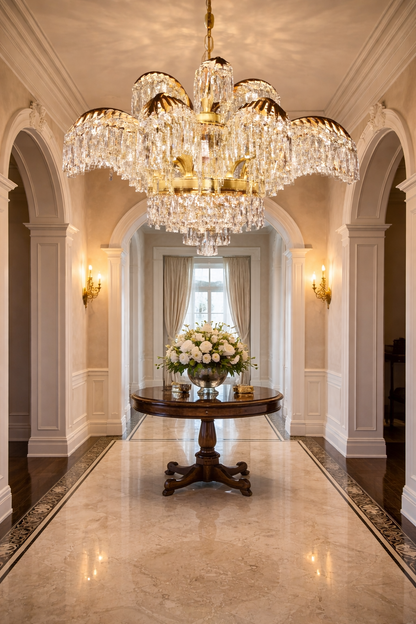 Candelabru Cristal PALACE Imperio, 15 brate, 22xG9, D98cm, Auriu Lucios, Inaltime Reglabila, Metal si Cristal