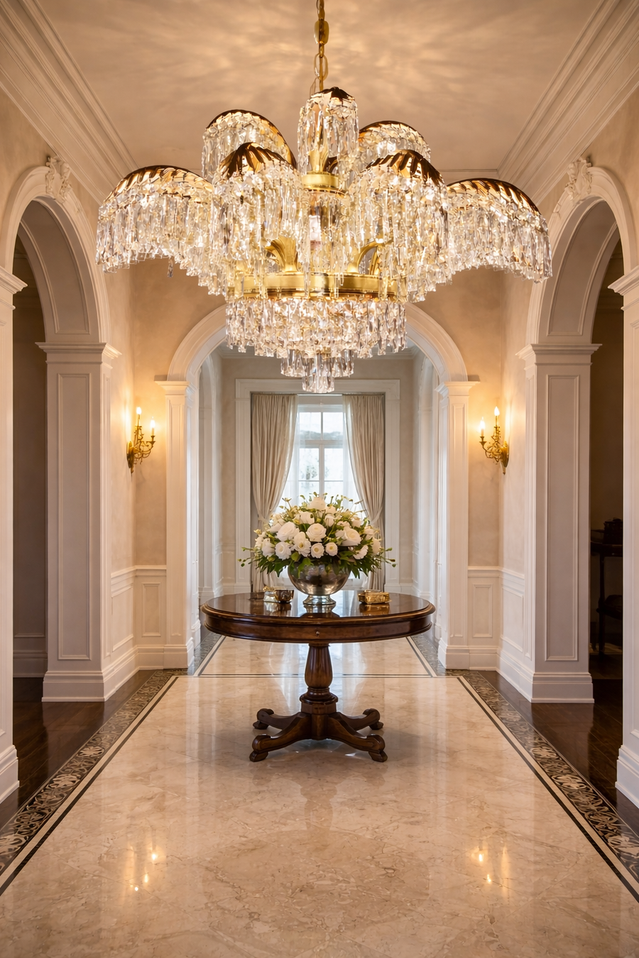 Candelabru Cristal PALACE Imperio, 15 brate, 22xG9, D98cm, Auriu Lucios, Inaltime Reglabila, Metal si Cristal