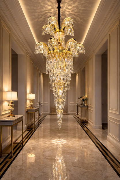 Candelabru Cristal PALACE Regalis, 13 brate, 29xG9, D80cm, Auriu Lucios, Inaltime Reglabila, Metal si Cristal