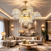 Candelabru Cristal PALACE, 6 brate, 12xG9, D69cm, Auriu Lucios, Inaltime Reglabila, Metal si Cristal