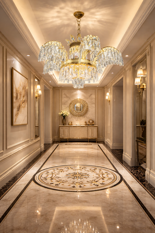 Candelabru Cristal PALACE, 6 brate, 12xG9, D69cm, Auriu Lucios, Inaltime Reglabila, Metal si Cristal