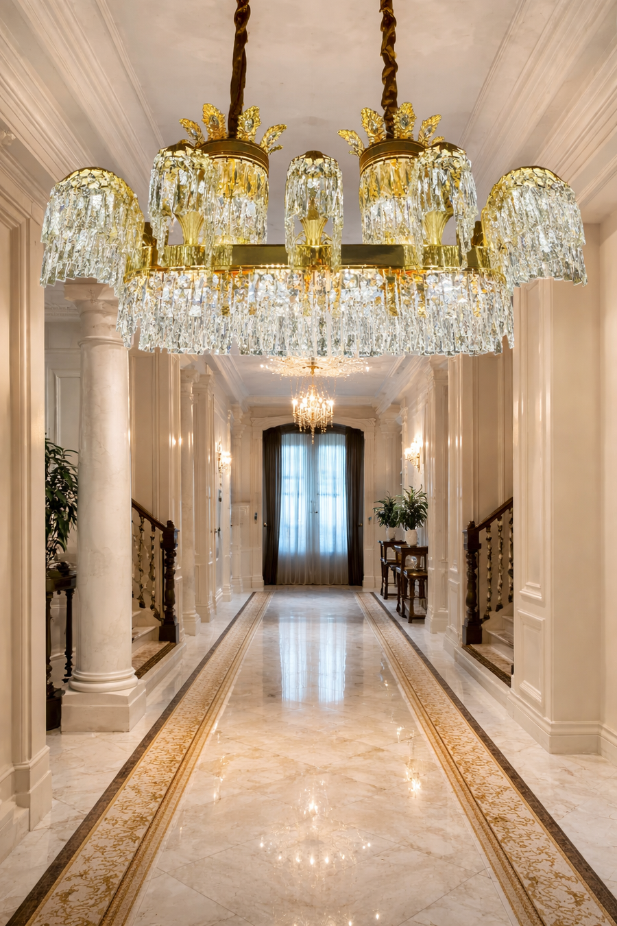 Candelabru Cristal PALACE Grande, 12 brate, 20xG9, 120cm, Auriu Lucios, Inaltime Reglabila, Metal si Cristal