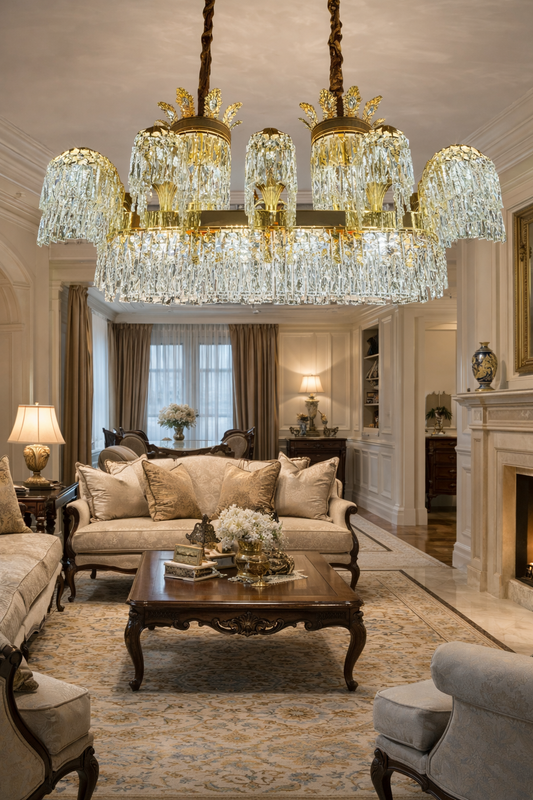 Candelabru Cristal PALACE Grande, 12 brate, 20xG9, 120cm, Auriu Lucios, Inaltime Reglabila, Metal si Cristal