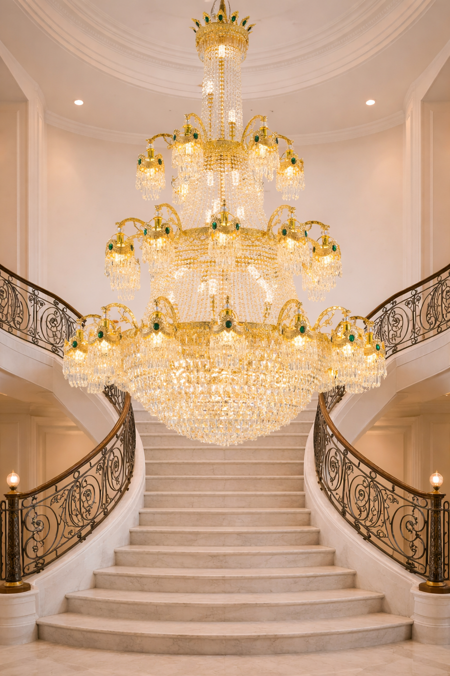 Candelabru Cristal , 61xE14, Diametru 150cm, Inaltime 200cm, Auriu Lucios, Inaltime Reglabila, Design Elegant