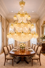 Candelabru Cristal , 61xE14, Diametru 150cm, Inaltime 200cm, Auriu Lucios, Inaltime Reglabila, Design Elegant