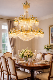 Candelabru Cristal , 31xE14, Diametru 115cm, Inaltime 130cm, Auriu Lucios, Inaltime Reglabila, Design Elegant