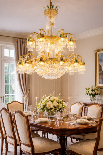 Candelabru Cristal , 31xE14, Diametru 115cm, Inaltime 130cm, Auriu Lucios, Inaltime Reglabila, Design Elegant
