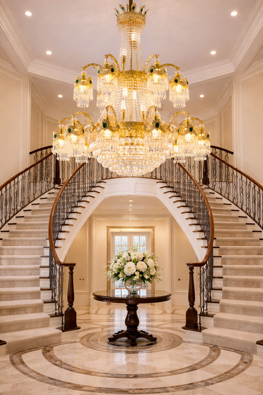 Candelabru Cristal , 31xE14, Diametru 115cm, Inaltime 130cm, Auriu Lucios, Inaltime Reglabila, Design Elegant