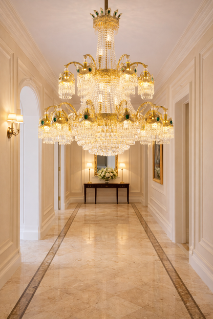 Candelabru Cristal , 31xE14, Diametru 115cm, Inaltime 130cm, Auriu Lucios, Inaltime Reglabila, Design Elegant