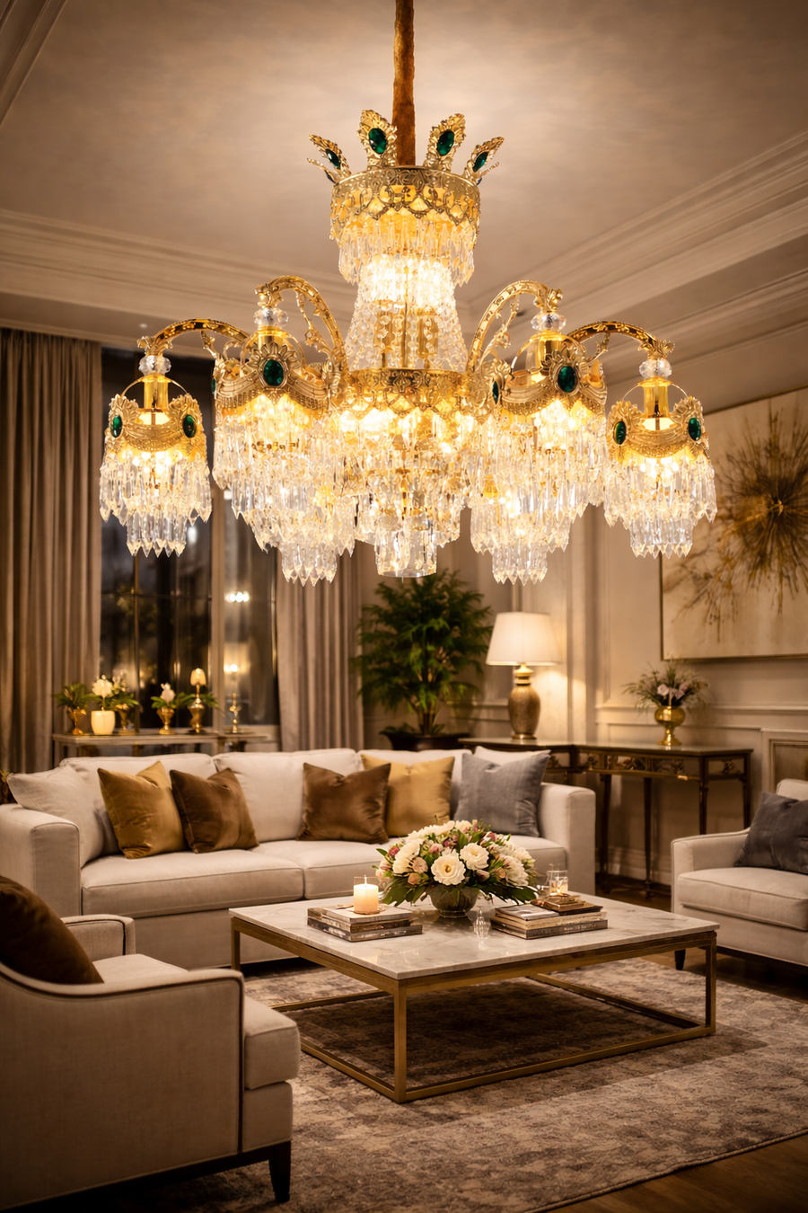 Candelabru Cristal 13xE14, D80cm, Auriu Lucios, Inaltime Reglabila, Metal si Cristal