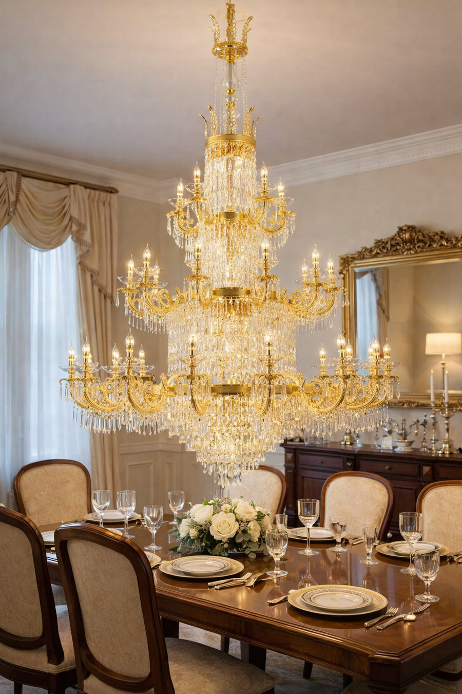 Candelabru Cristal , 54xE14, Diametru 150cm, Inaltime 230cm, Auriu Lucios, Inaltime Reglabila, Design Elegant