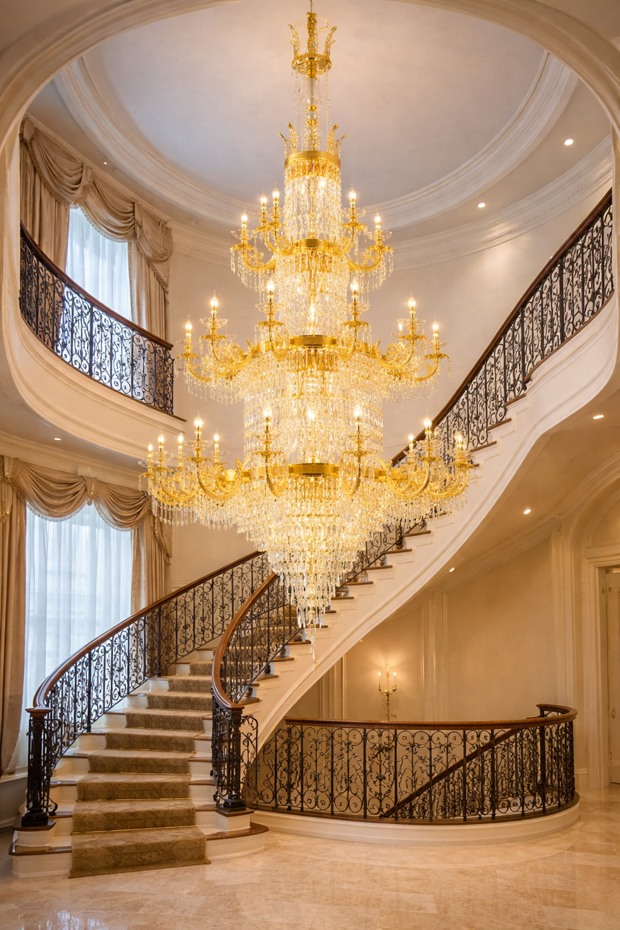 Candelabru Cristal , 54xE14, Diametru 150cm, Inaltime 230cm, Auriu Lucios, Inaltime Reglabila, Design Elegant