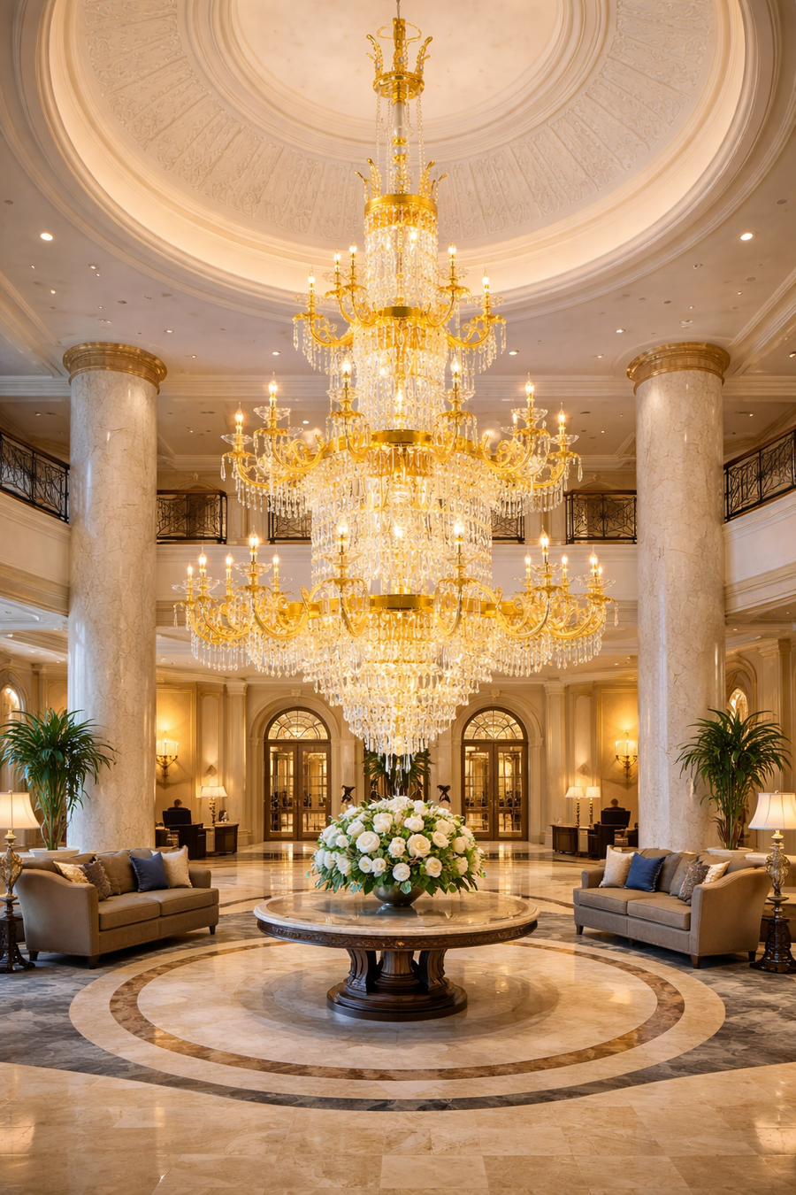 Candelabru Cristal , 54xE14, Diametru 150cm, Inaltime 230cm, Auriu Lucios, Inaltime Reglabila, Design Elegant