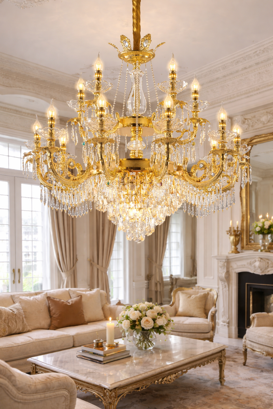 Candelabru Cristal 19xE14, D95cm, Auriu Lucios, Inaltime Reglabila, Metal si Cristal