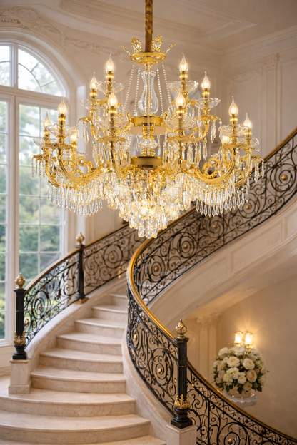 Candelabru Cristal 19xE14, D95cm, Auriu Lucios, Inaltime Reglabila, Metal si Cristal