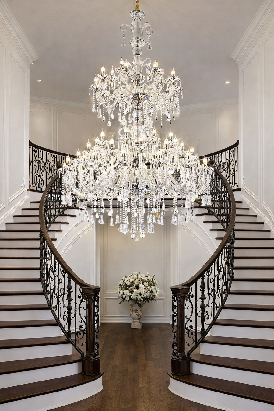 Candelabru Cristal , 55xE14, Diametru 145cm, Inaltime 230cm, Argintiu, Inaltime Reglabila, Design Elegant