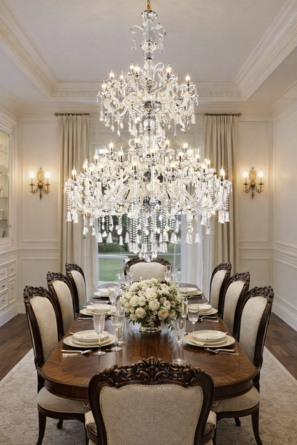 Candelabru Cristal , 55xE14, Diametru 145cm, Inaltime 230cm, Argintiu, Inaltime Reglabila, Design Elegant