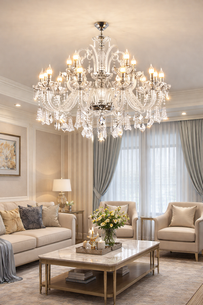 Candelabru Cristal 15xE14, D95cm, Argintiu, Inaltime Reglabila, Metal si Cristal