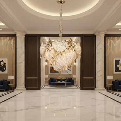 Candelabru Cristal LUXE Magno, 21xE14, Diametru 60cm, Inaltime 40cm, Auriu Lucios, Inaltime Reglabila, Design Elegant