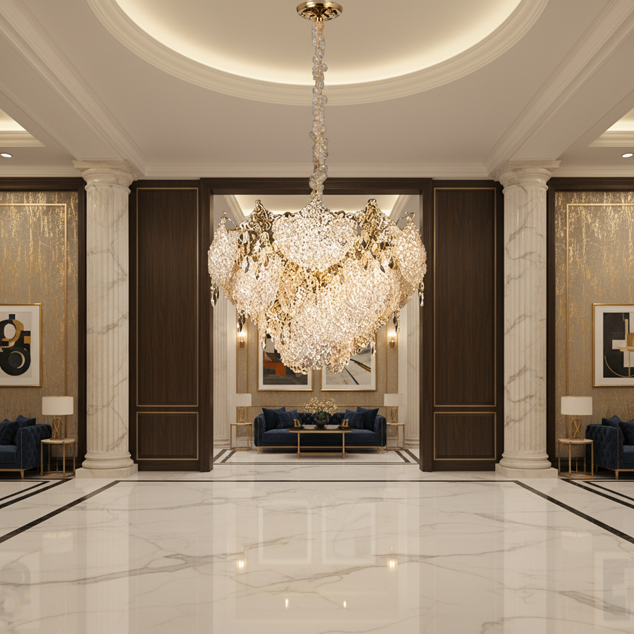 Candelabru Cristal LUXE Magno, 21xE14, Diametru 60cm, Inaltime 40cm, Auriu Lucios, Inaltime Reglabila, Design Elegant