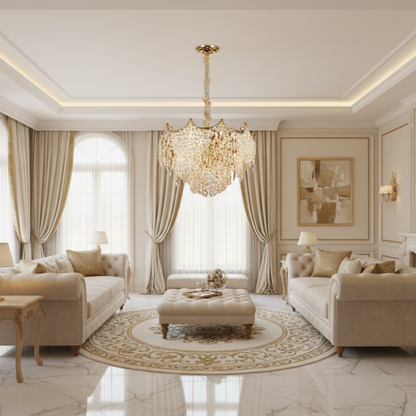 Candelabru Cristal LUXE Eleganza 9xE14, Diametru 50cm, Inaltime 33cm, Auriu Lucios, Inaltime Reglabila, Design Elegant