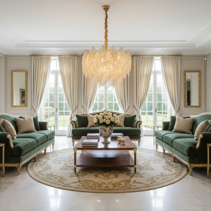 Candelabru Cristal LACE Magno 11xE14, Diametru 60cm, Inaltime 42cm, Auriu Lucios, Inaltime Reglabila, Design Elegant