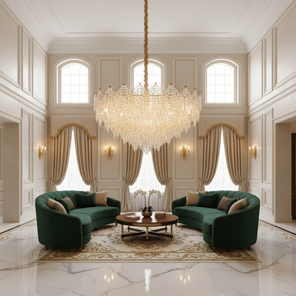 Candelabru Cristal LACE Regalis 21xE14, Diametru 80cm, Inaltime 49cm, Auriu Lucios, Inaltime Reglabila, Design Elegant