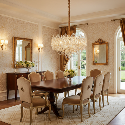 Candelabru Cristal CROWN Eleganza 9xE14, Diametru 50cm, Inaltime 41cm, Auriu Lucios, Inaltime Reglabila, Design Elegant
