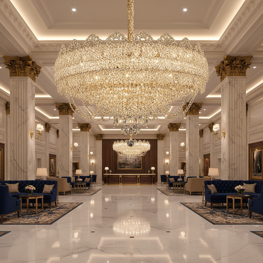 Candelabru Cristal CROWN Regalis 21xE14, Diametru 80cm, Inaltime 45cm, Auriu Lucios, Inaltime Reglabila, Design Elegant