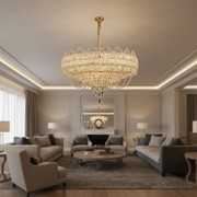 Candelabru Cristal CROWN Regalis 21xE14, Diametru 80cm, Inaltime 45cm, Auriu Lucios, Inaltime Reglabila, Design Elegant