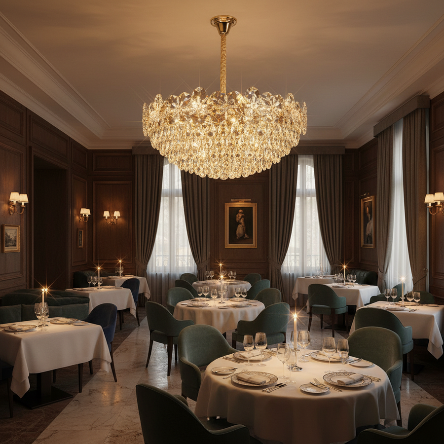 Candelabru Cristal JARDIN Regalis 24xE14, Diametru 80cm, Inaltime 40cm, Auriu Lucios, Inaltime Reglabila, Design Elegant