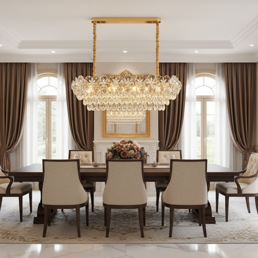 Candelabru Cristal JARDIN Supremo 12xE14, Dimensiune 100x35 cm, Inaltime 35 cm, Auriu Lucios, Inaltime Reglabila, Design Elegant