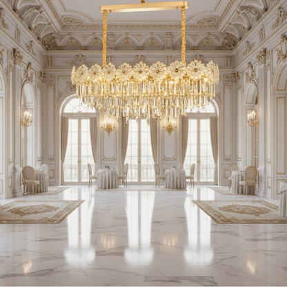 Candelabru Cristal FLEUR Supremo 14xE14, Dimensiune 100x35 cm, Inaltime 35 cm, Auriu Lucios, Inaltime Reglabila, Design Elegant