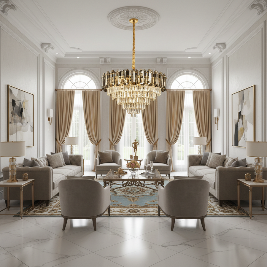 Candelabru Cristal AURUM Magno 12xE14, Diametru 60cm, Inaltime 40cm, Auriu Lucios, Inaltime Reglabila, Design Elegant