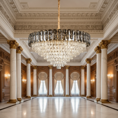 Candelabru Cristal AURUM Regalis 22xE14, Diametru 80cm, Inaltime 55cm, Auriu Lucios, Inaltime Reglabila, Design Elegant